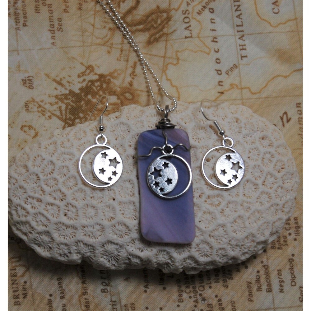 Purple Sea Glass Style Moon Stars Necklace and Earring Set Handmade Wire Wrapped